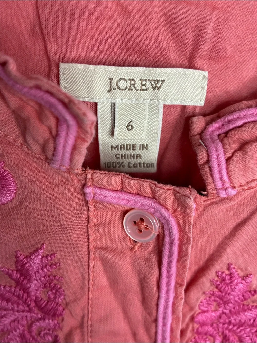 J. Crew Coral Pink Embroidered Button-Front Sleeveless Top